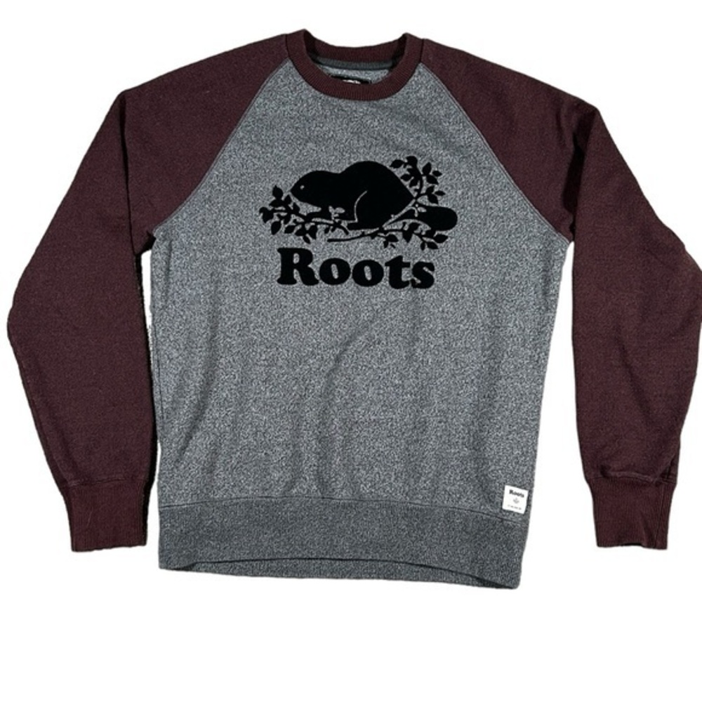 Roots Canada Velvet Beaver Colorblock Knit Sweater Maroon Gray Women’s Small